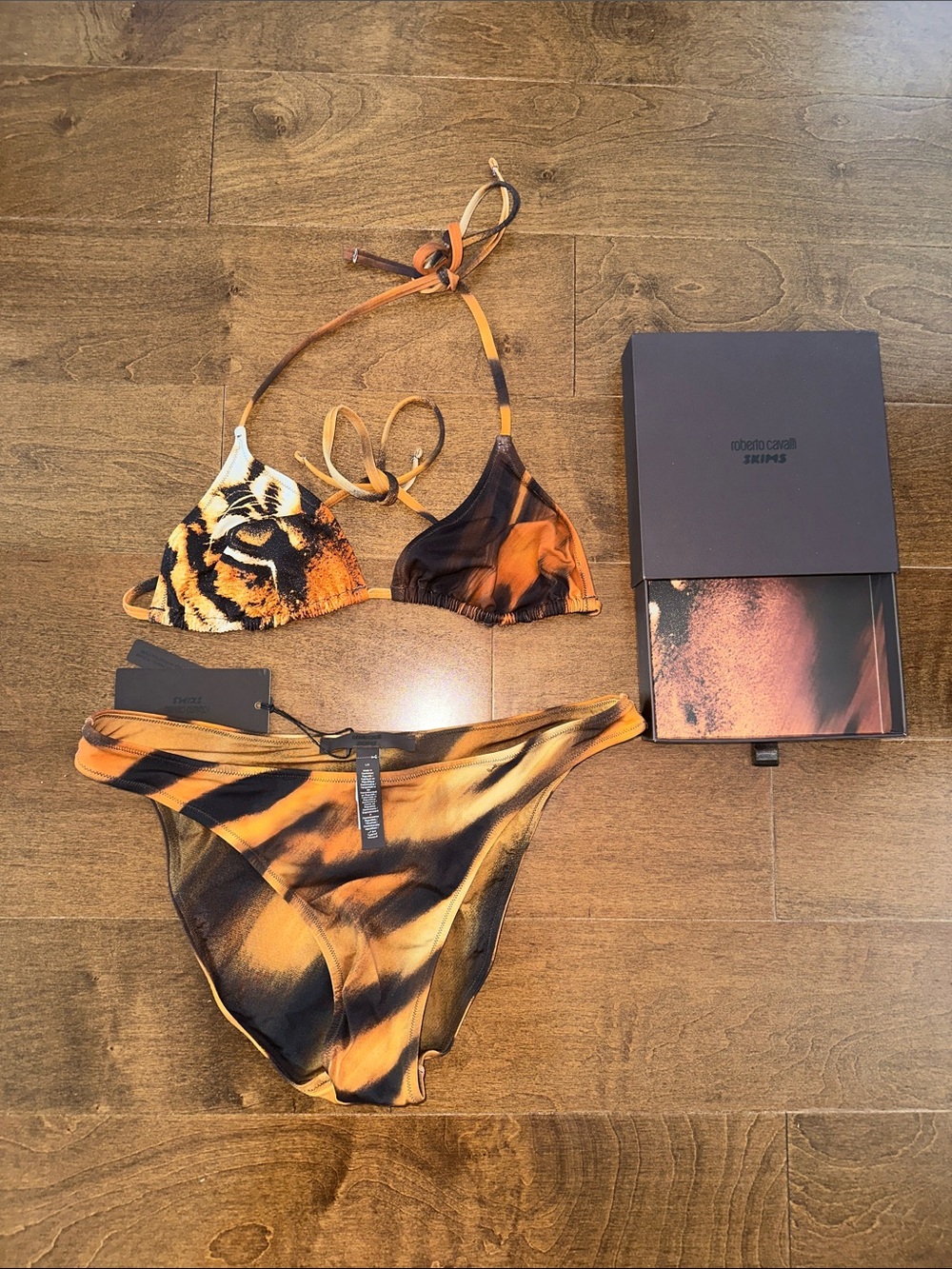 Roberto Cavalli x SKIMS Triangle Bikini Top, Dipped Bottom Tiger Face Print L